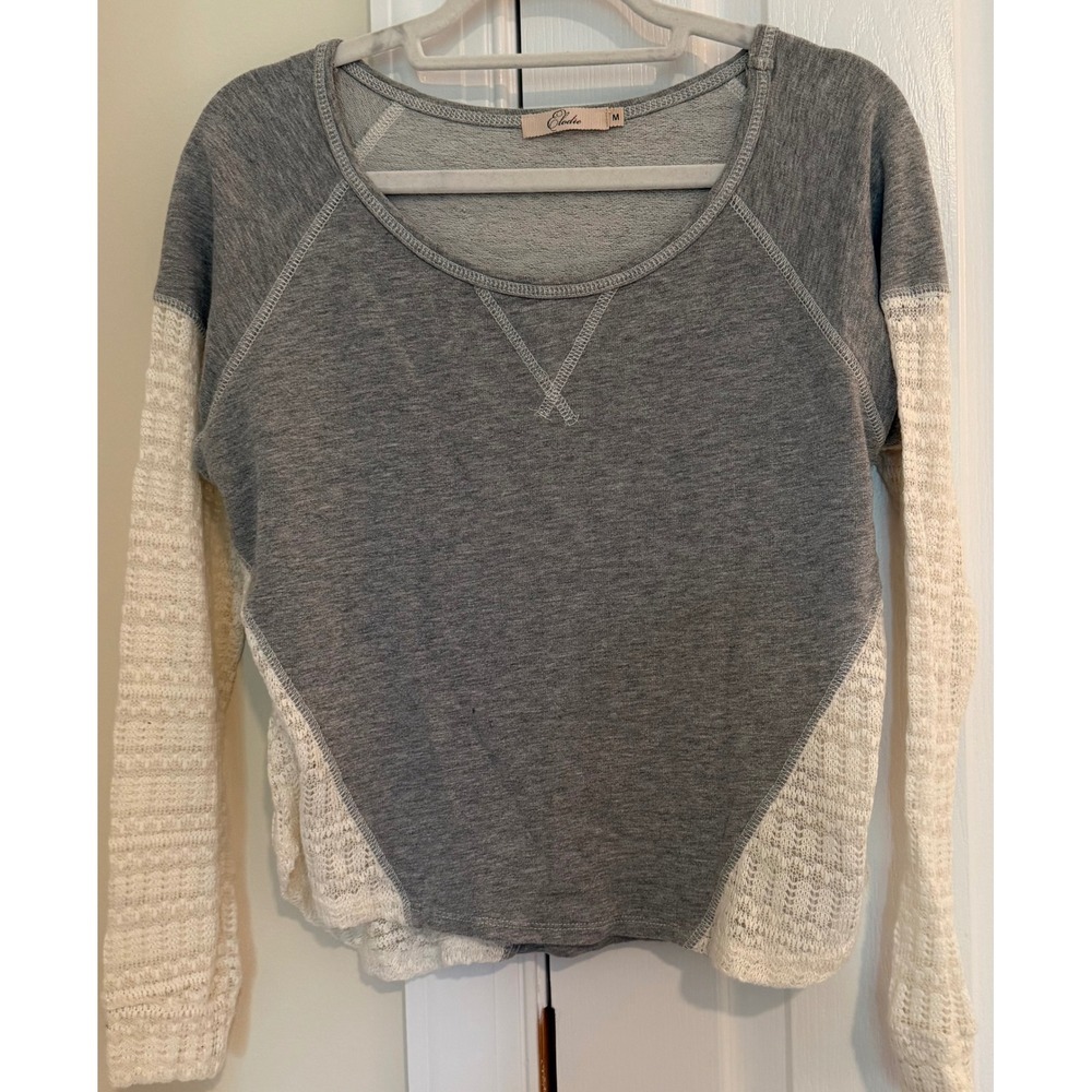 Elodie Womens Gray Mixed Media Crochet Lace Raglan Long Sleeve Top Size M